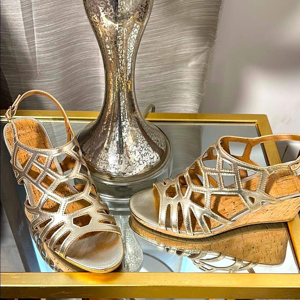 Elegant Gold Wedge Sandals 3” inch cork heel